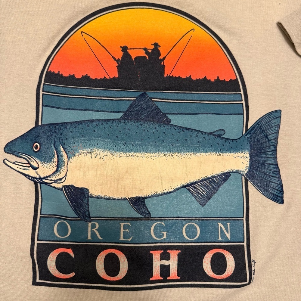 Vintage 1987 Oregon Salmon Fishing Graphic T Shirt Tagless Medium 80s